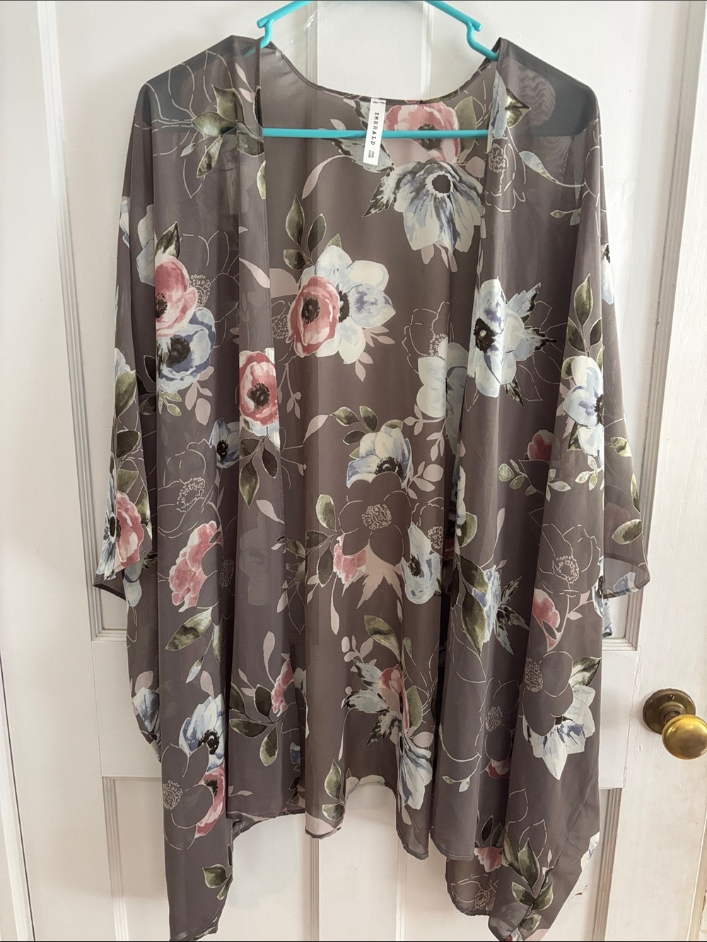 Emerald Sheer Floral Kimono in Taupe with Pink & White Blooms #18